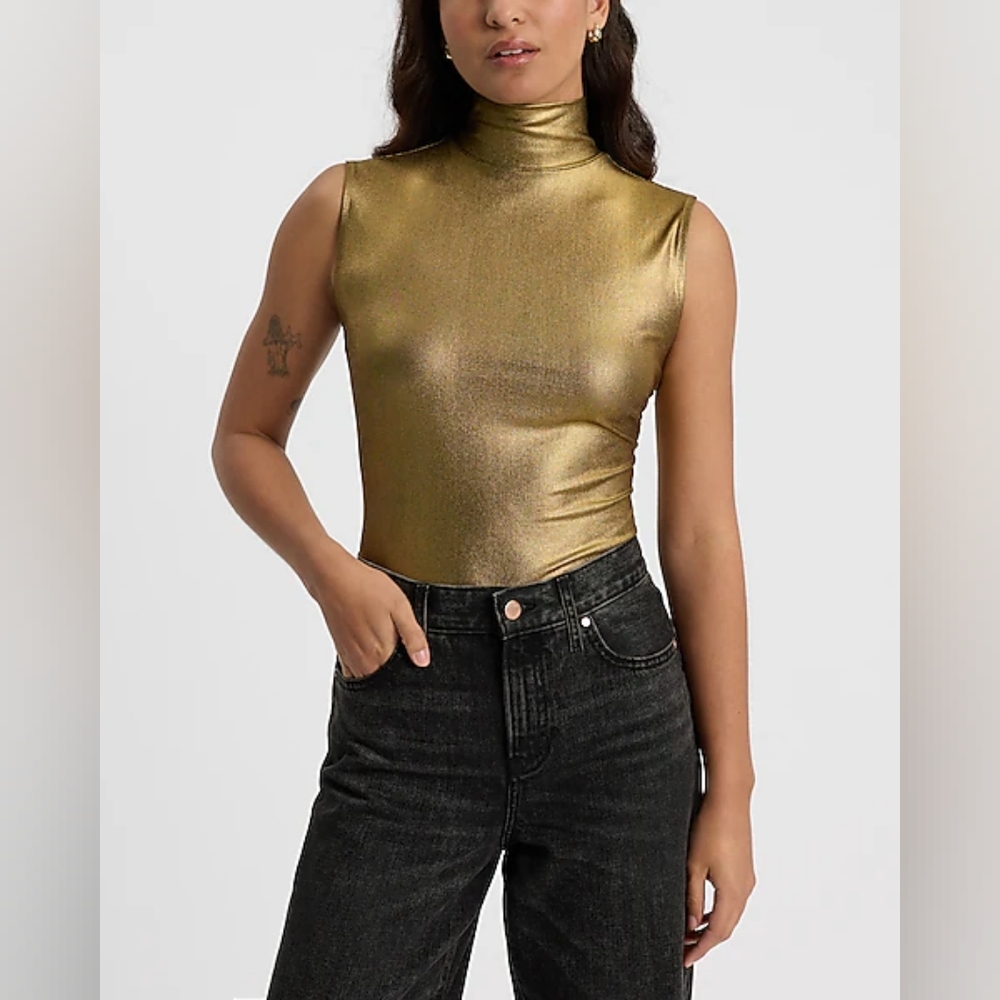 Express Women Metallic Gold Mesh Mock Neck Bodysuit
